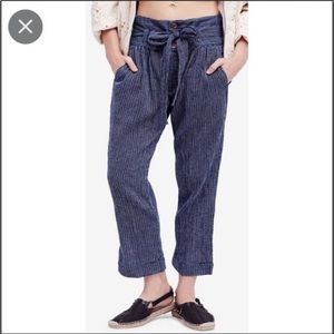 FREE PEOPLE Navy Blue Rumors Yarn Dye Striped Paperbag Scrunch Waist Har…